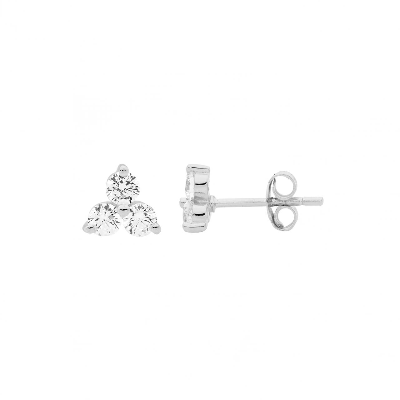 Ellani Sterling Silver Three 3mm White Cubic Zirconia Claw Set Stud Earrings