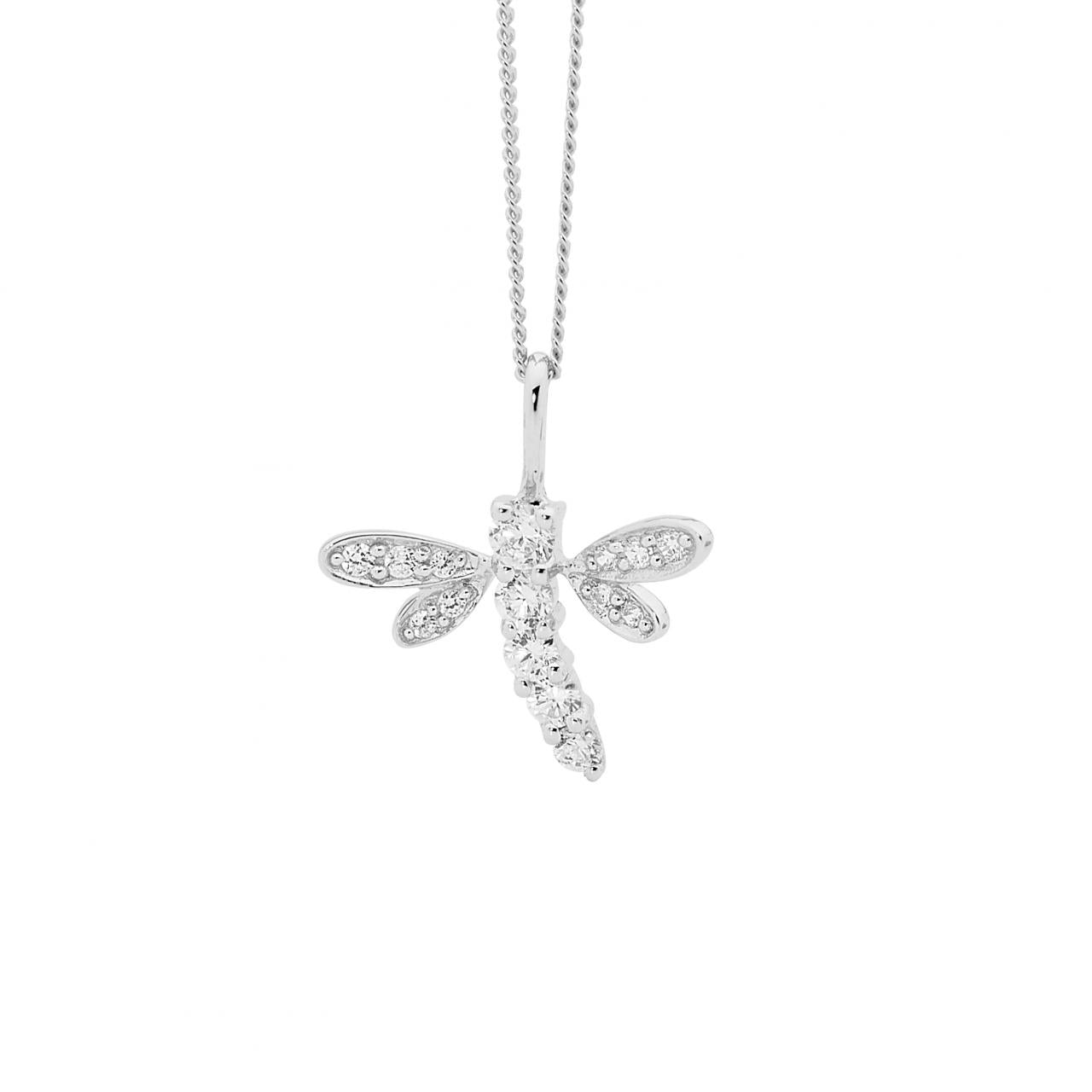 Ellani Sterling Silver White Cubic Zirconia Dragonfly Pendant Necklace Necklace Length: 40cm