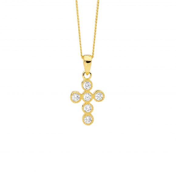 Ellani Sterling Silver & IP Yellow Gold Plated Cubic Zirconia 14mm Crown Set Cross Pendant Necklace Necklace Length: 45cm