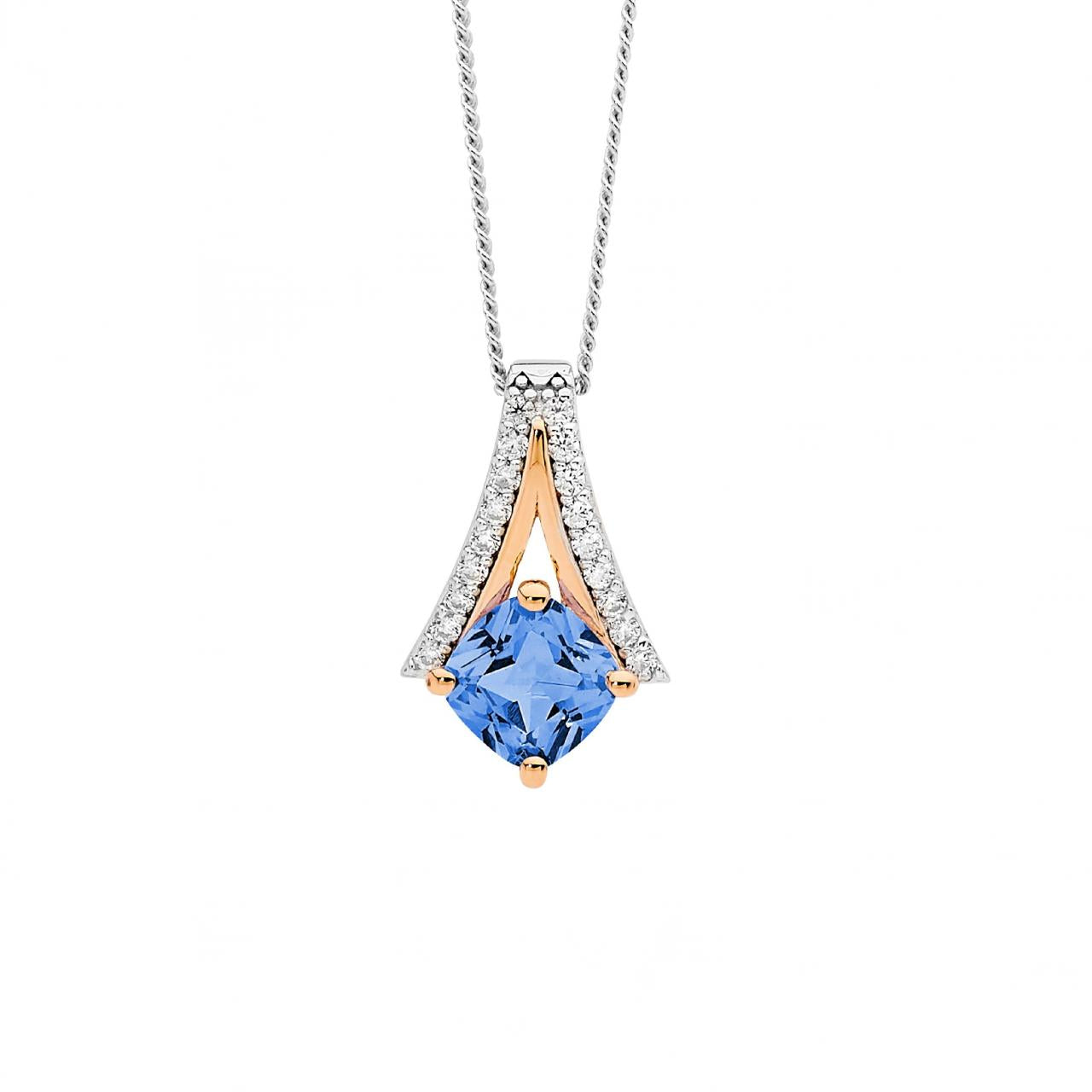 Ellani Sterling Silver and Rose Gold Plated CZ Cushion Cut Spinel Open V Pendant Necklace