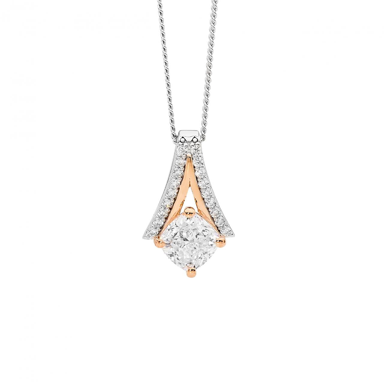 Ellani Sterling Silver & IP Rose Gold Plated White Cubic Zirconia Cushion Cut Open V Pendant Necklace