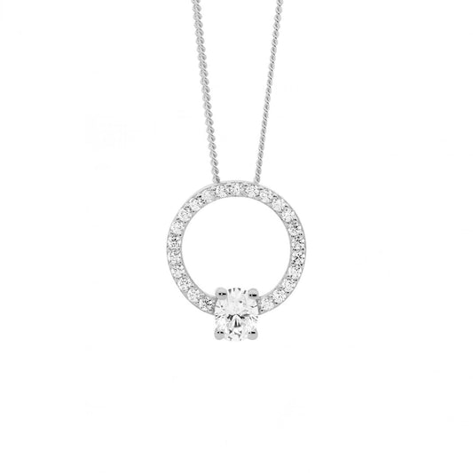 Ellani Sterling Silver Round & Oval White Cubic Zirconia 13mm Open Circle Pendant Necklace