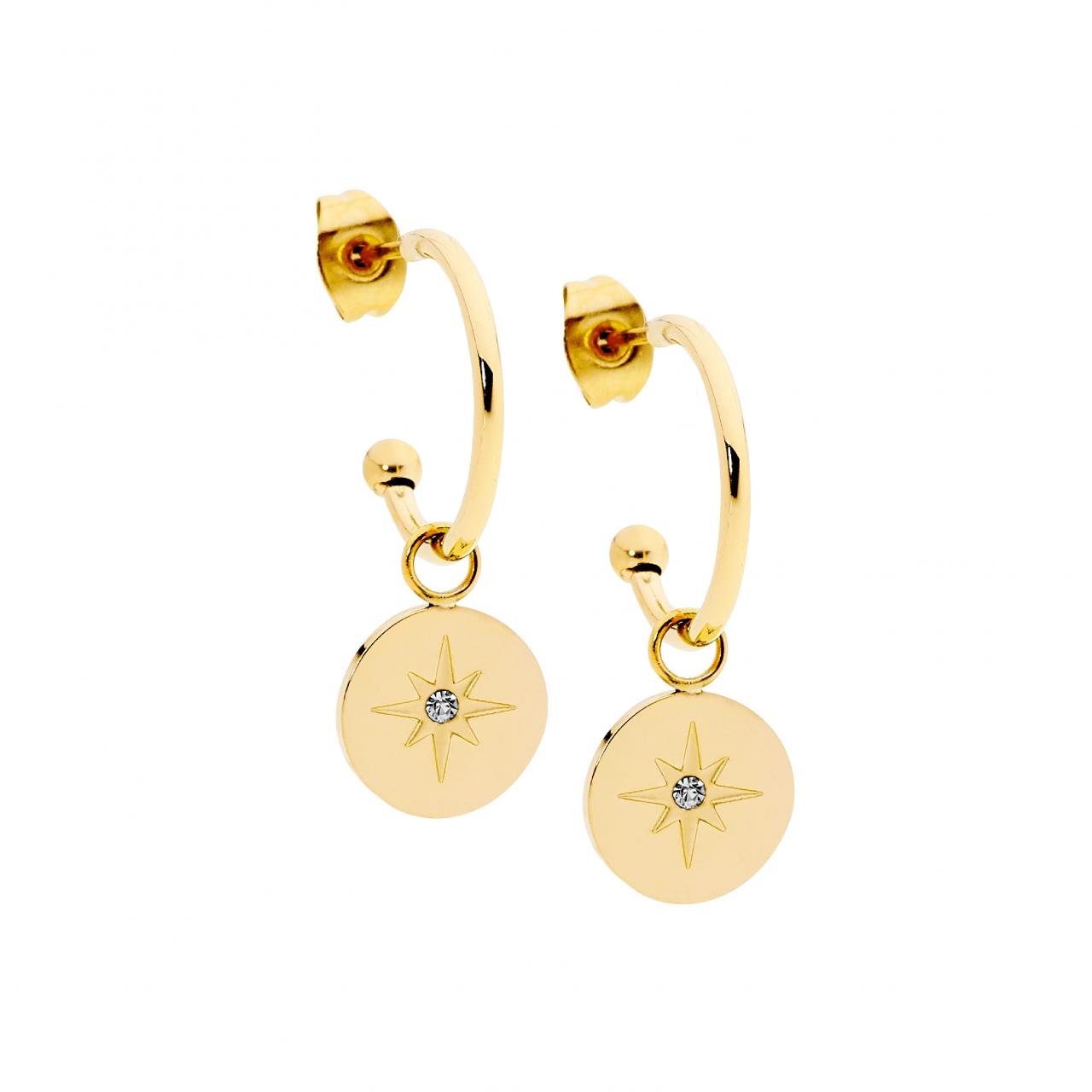 Ellani Stainless Steel & IP Yellow Gold Plated Star Cubic Zirconia Disc 16mm Hoop Stud Earrings