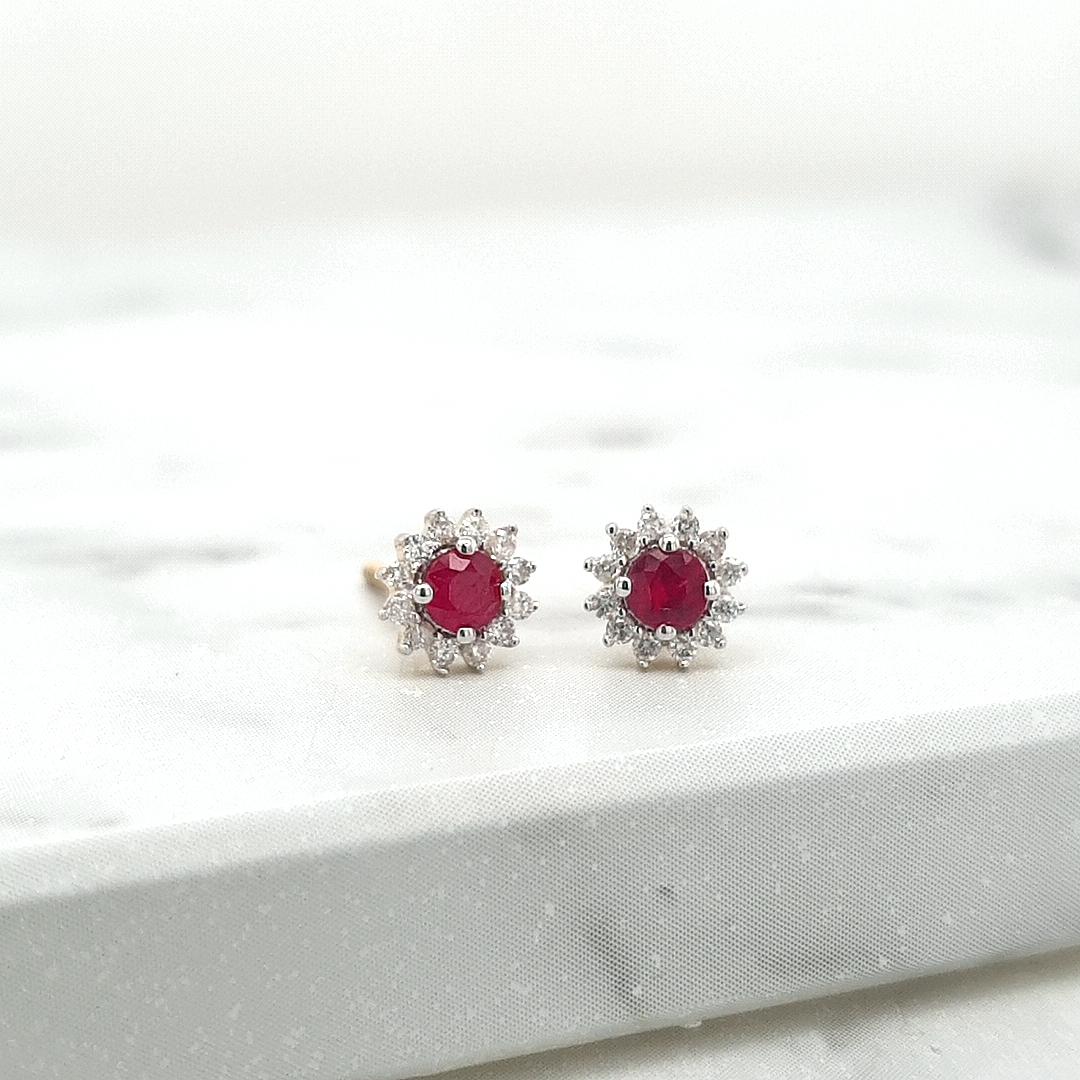 Ruby & Diamond 14k Yellow Gold Halo Stud Earrings
