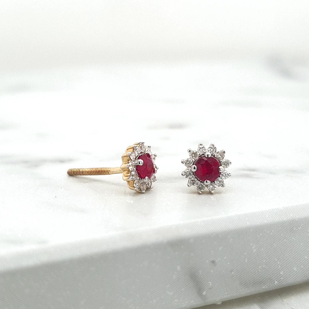 Ruby & Diamond 14k Yellow Gold Halo Stud Earrings
