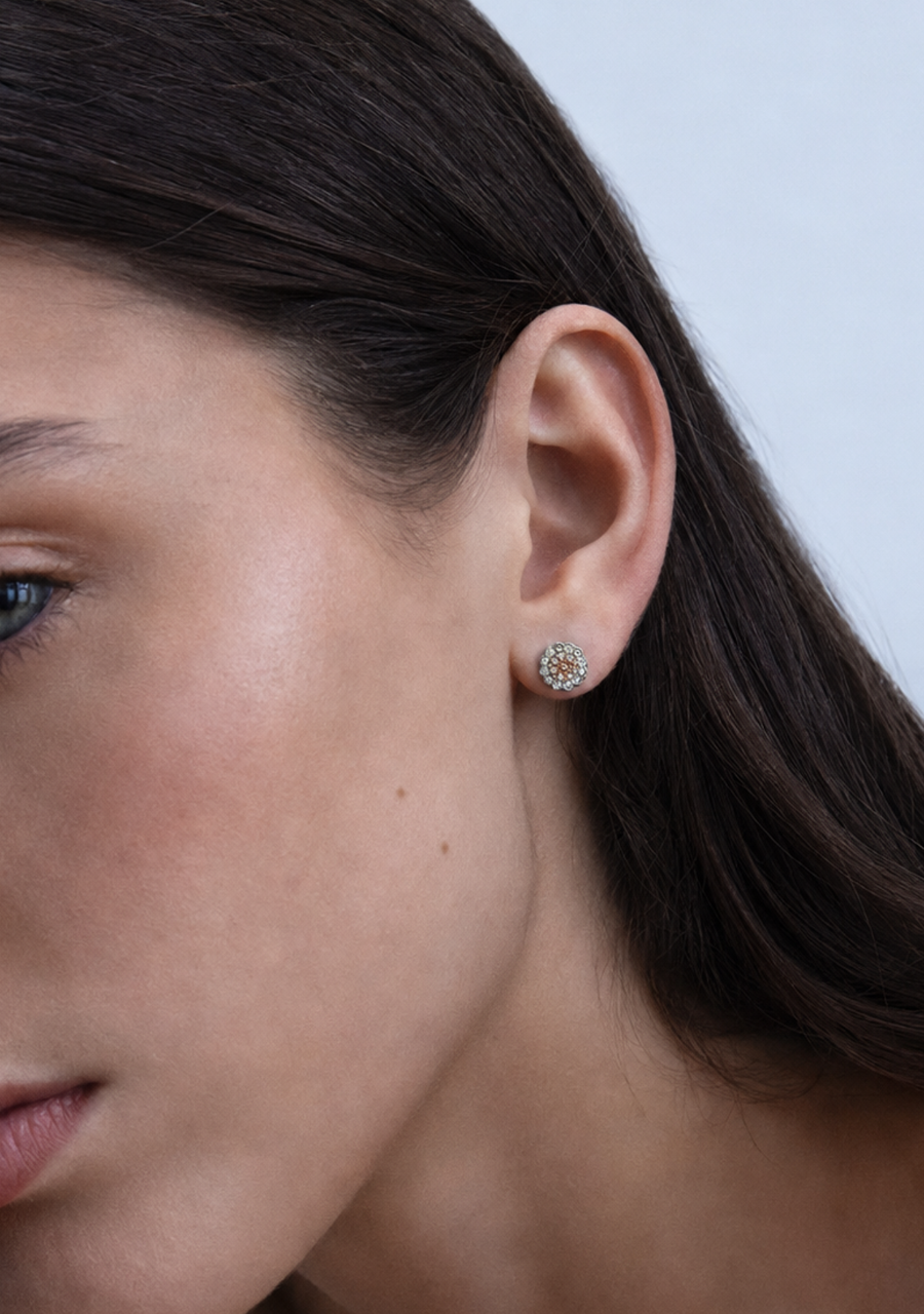 9ct Rose Gold Pink Caviar and White Diamond Stud Earrings