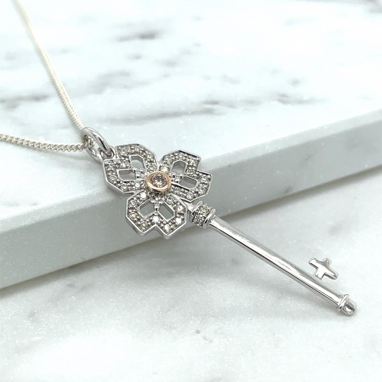 Pink Diamond & White Diamond 9k Rose & White Gold Key Pendant