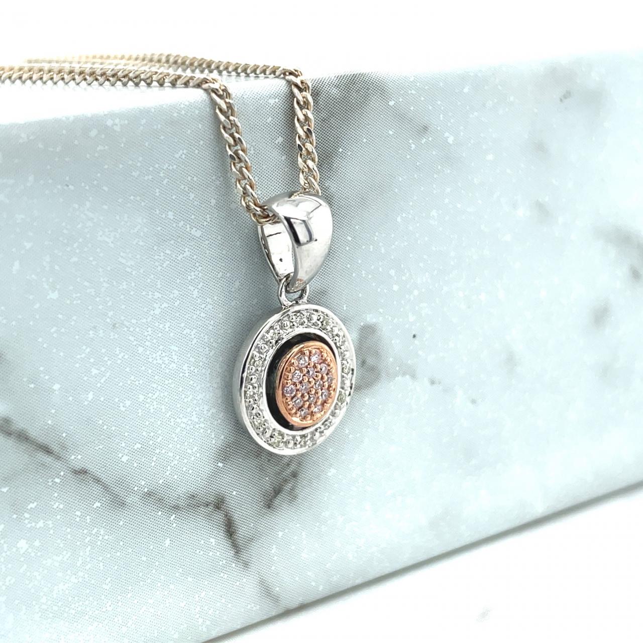 Pink Diamond & White Diamond 9k Rose & White Gold Halo Cluster Pendant