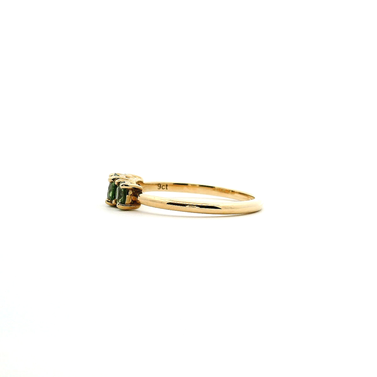 9ct Yellow Gold Round Green Sapphire Three Stone Claw Set Ring