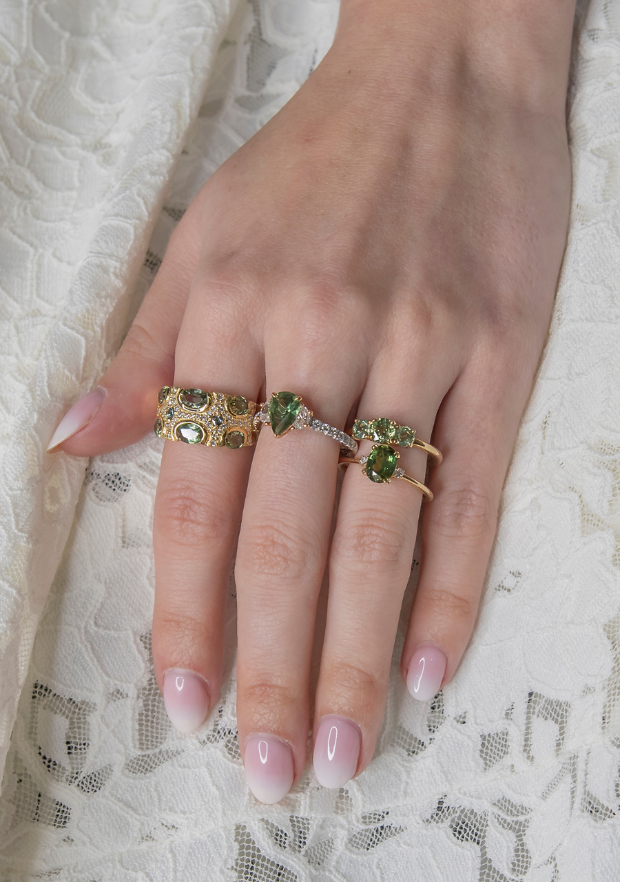9ct Yellow Gold Round Green Sapphire Three Stone Claw Set Ring