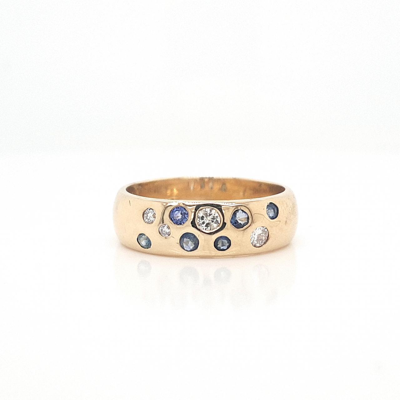 Sapphire & Diamond 9ct Yellow Gold 0.27ct Round Sapphire & 0.14ct Round Punch Set 6mm Dome Band Ring