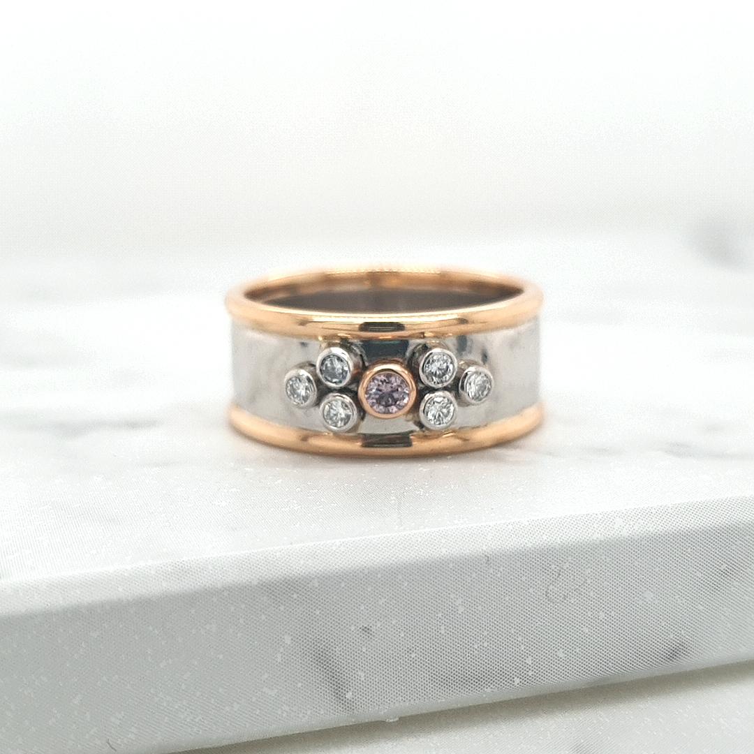 Pink Diamond & White Diamond 18k White & Rose Gold Wide Band Ring