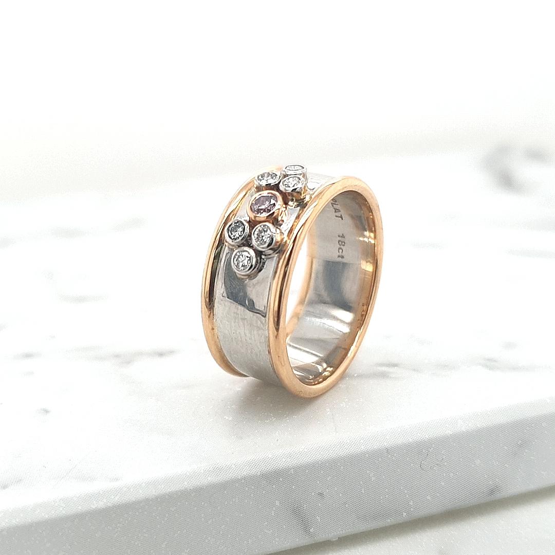 Pink Diamond & White Diamond 18k White & Rose Gold Wide Band Ring