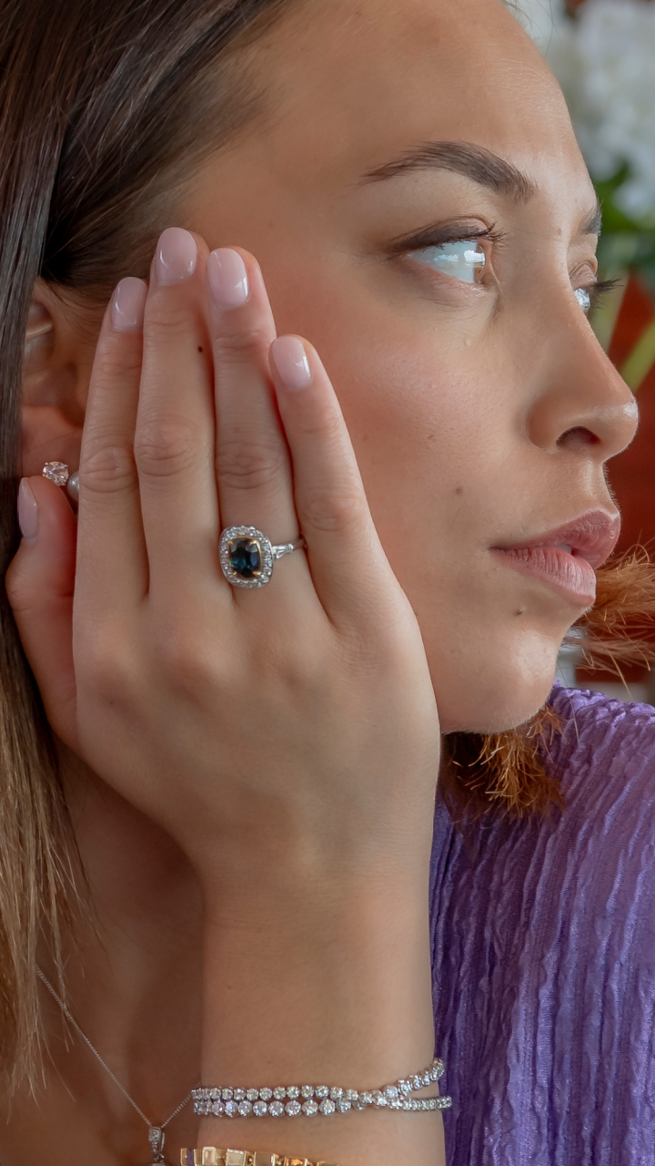 Teal Sapphire & Diamond Halo Ring in 18ct White & Yellow Gold