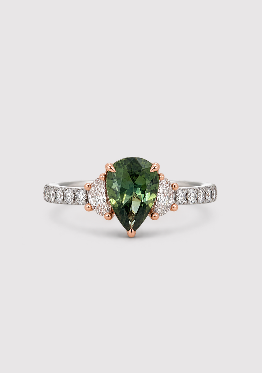 18ct White & Rose Gold 1.32ct Pear Green Sapphire & 0.65ct Moon & Round Cut Diamond Ring