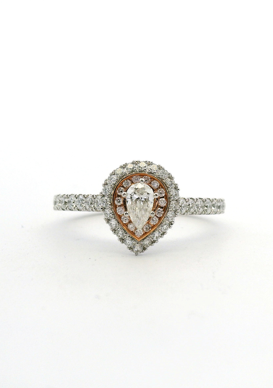 Pink Diamond & White Diamond 18k White & Rose Gold Tear Drop Halo Ring