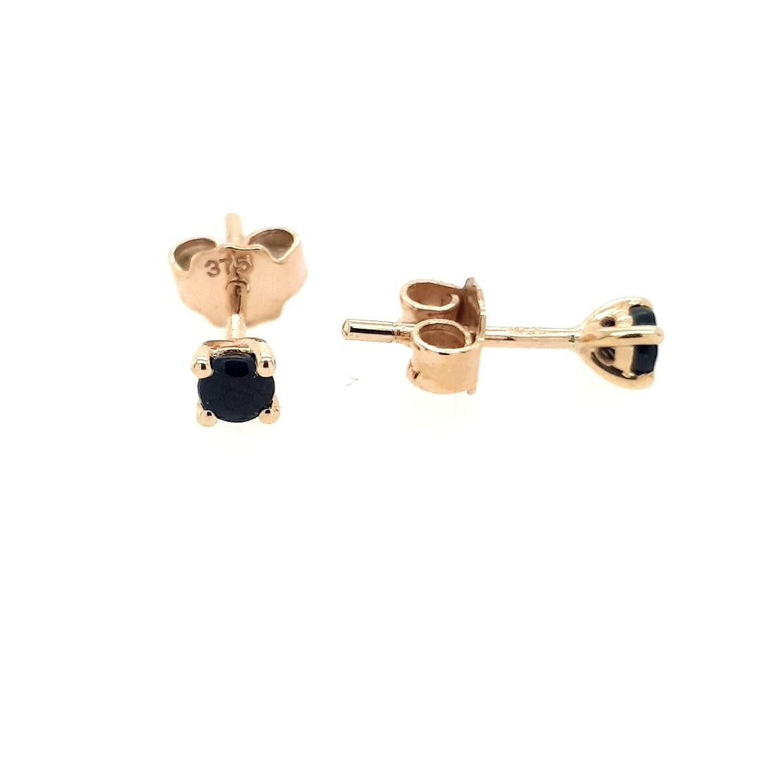 9ct Yellow Gold Round Black Sapphire Four Claw Stud Earrings