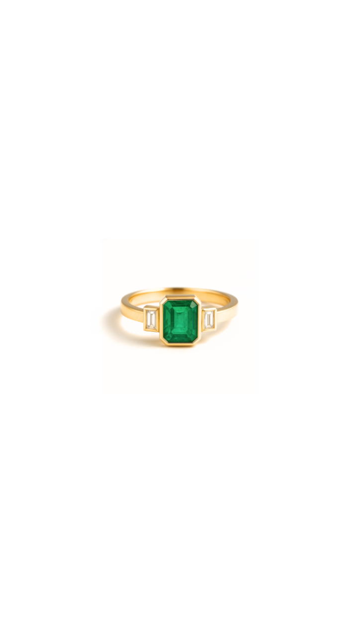 Emerald & Diamond Bezel Set Trilogy Ring