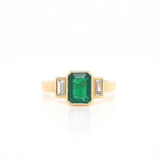 Emerald & Diamond 18ct Yellow Gold 1.49ct Radiant Cut Emerald & Baguette Diamond Bezel Set Three Stone Ring