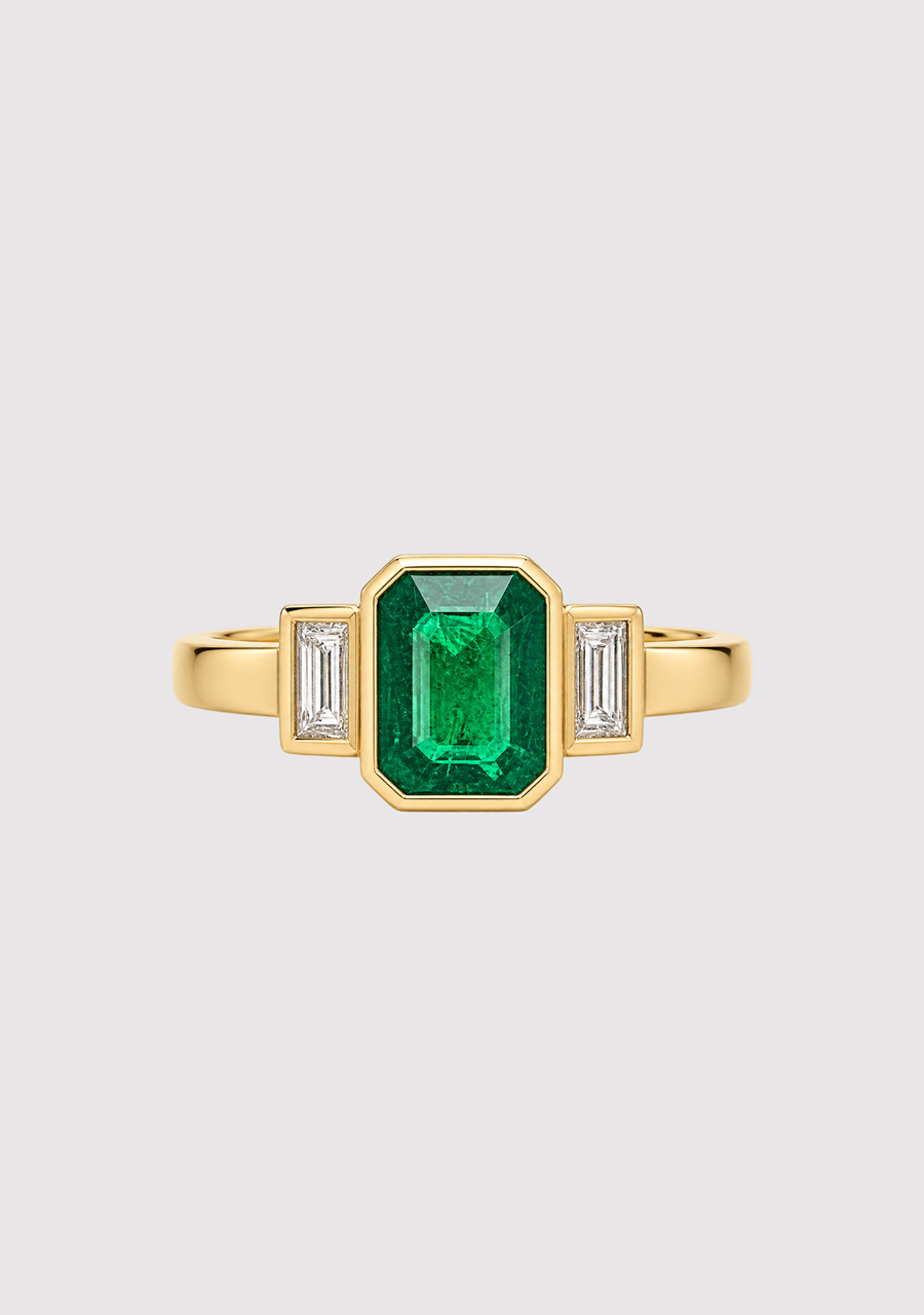 Emerald & Baguette Diamond 18ct Yellow Gold 1.49ct Bezel Set Three Stone Ring