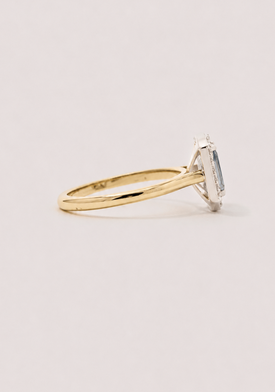 Sapphire & Diamond 18ct Yellow Gold 1.10ct Emerald Cut Ceylonese Sapphire & 0.08ct Round Brilliant Diamond Cluster Ring