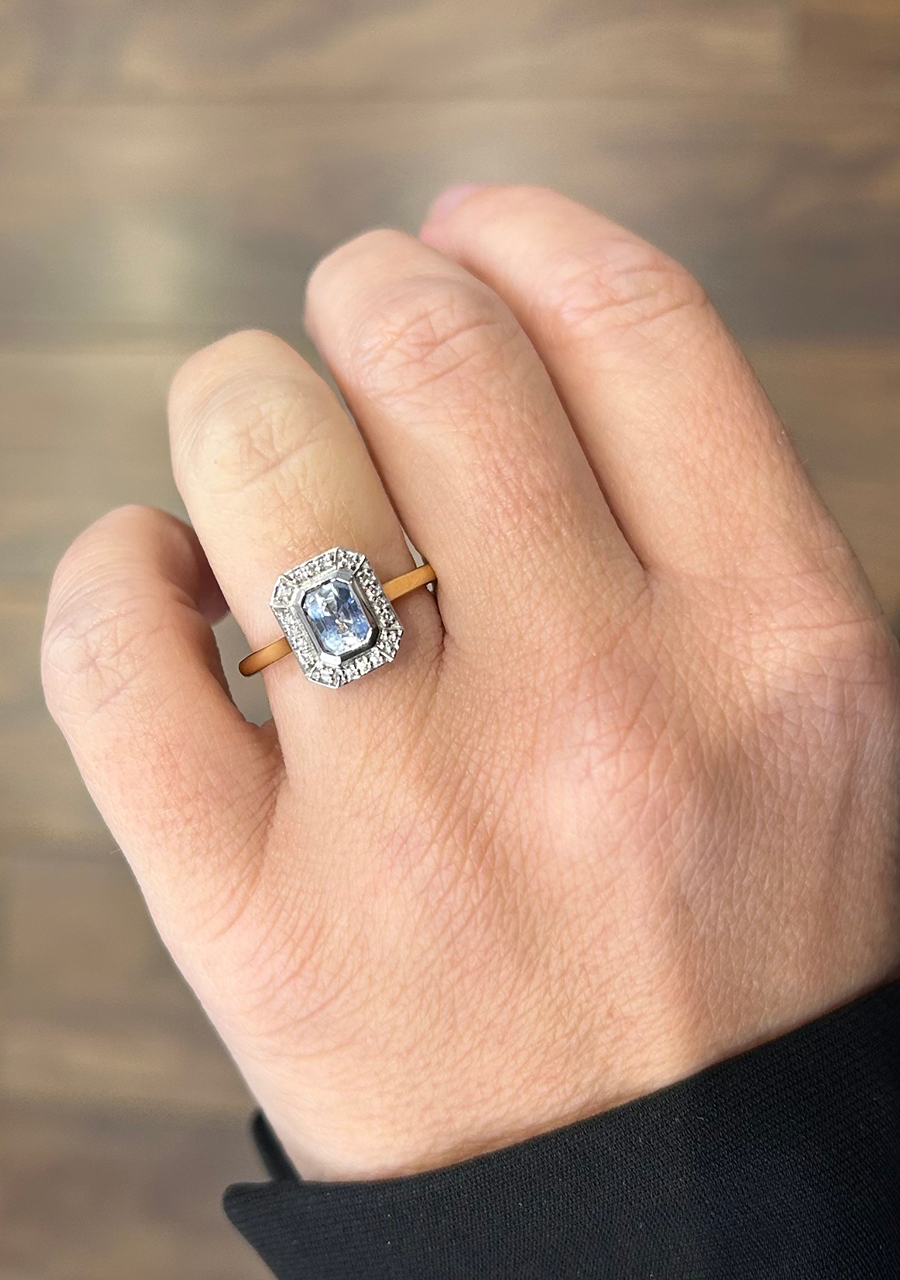 Sapphire & Diamond 18ct Yellow Gold 1.10ct Emerald Cut Ceylonese Sapphire & 0.08ct Round Brilliant Diamond Cluster Ring
