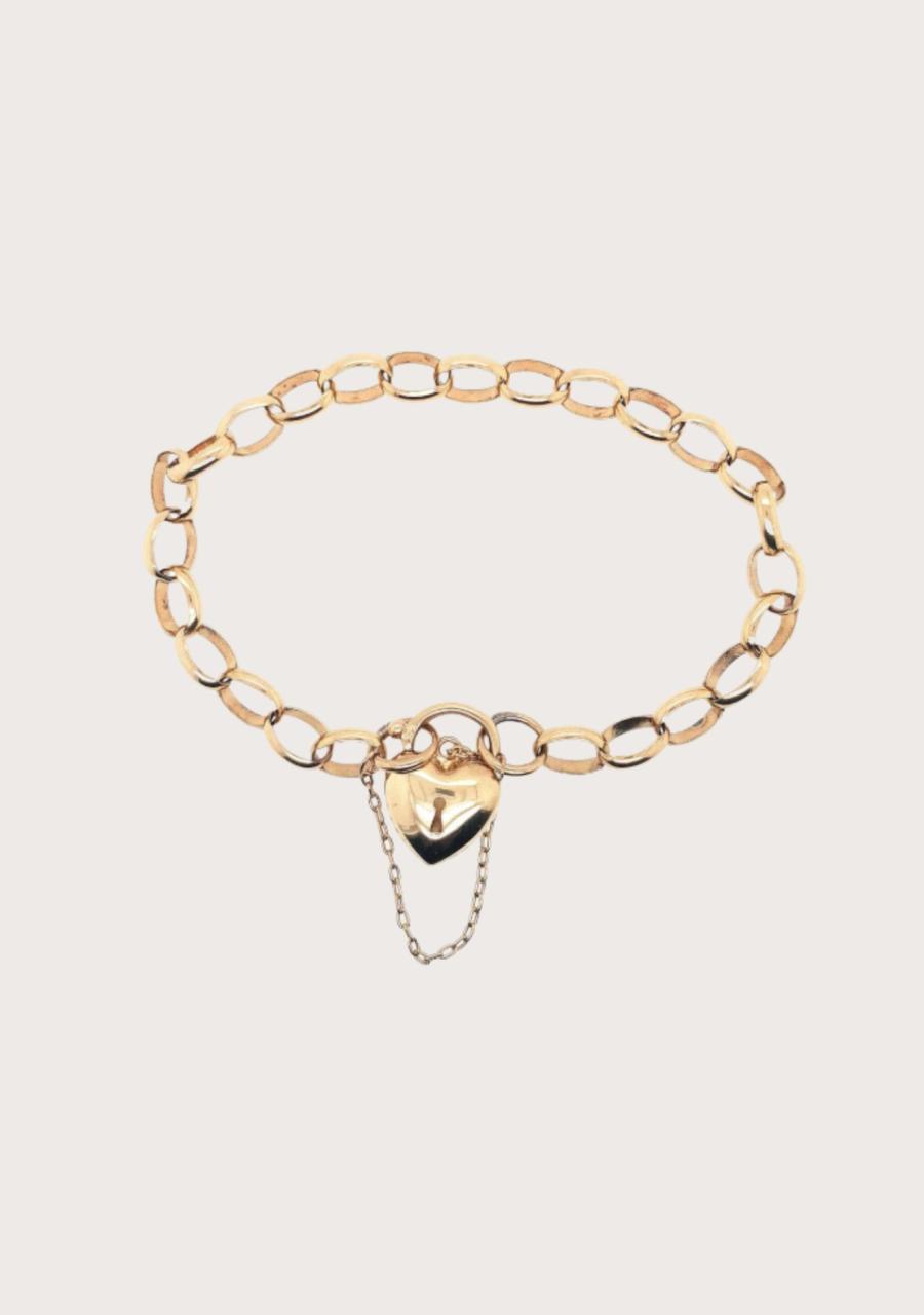 Estate 9ct Yellow Gold Oval Belcher Bracelet with Puff Heart Clasp & Safety Chain