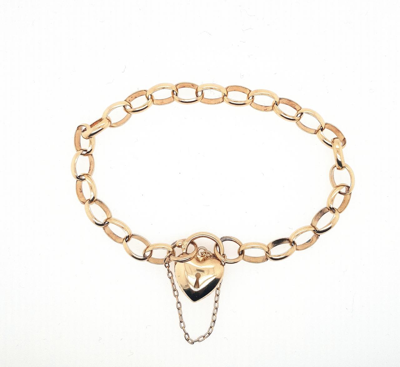 Estate 9ct Yellow Gold Oval Belcher Bracelet with Puff Heart Clasp & Safety Chain