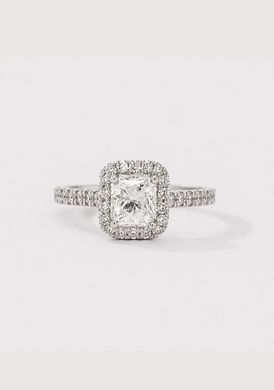 18ct White Gold 1.31ct Radiant Cut Diamond Halo Ring