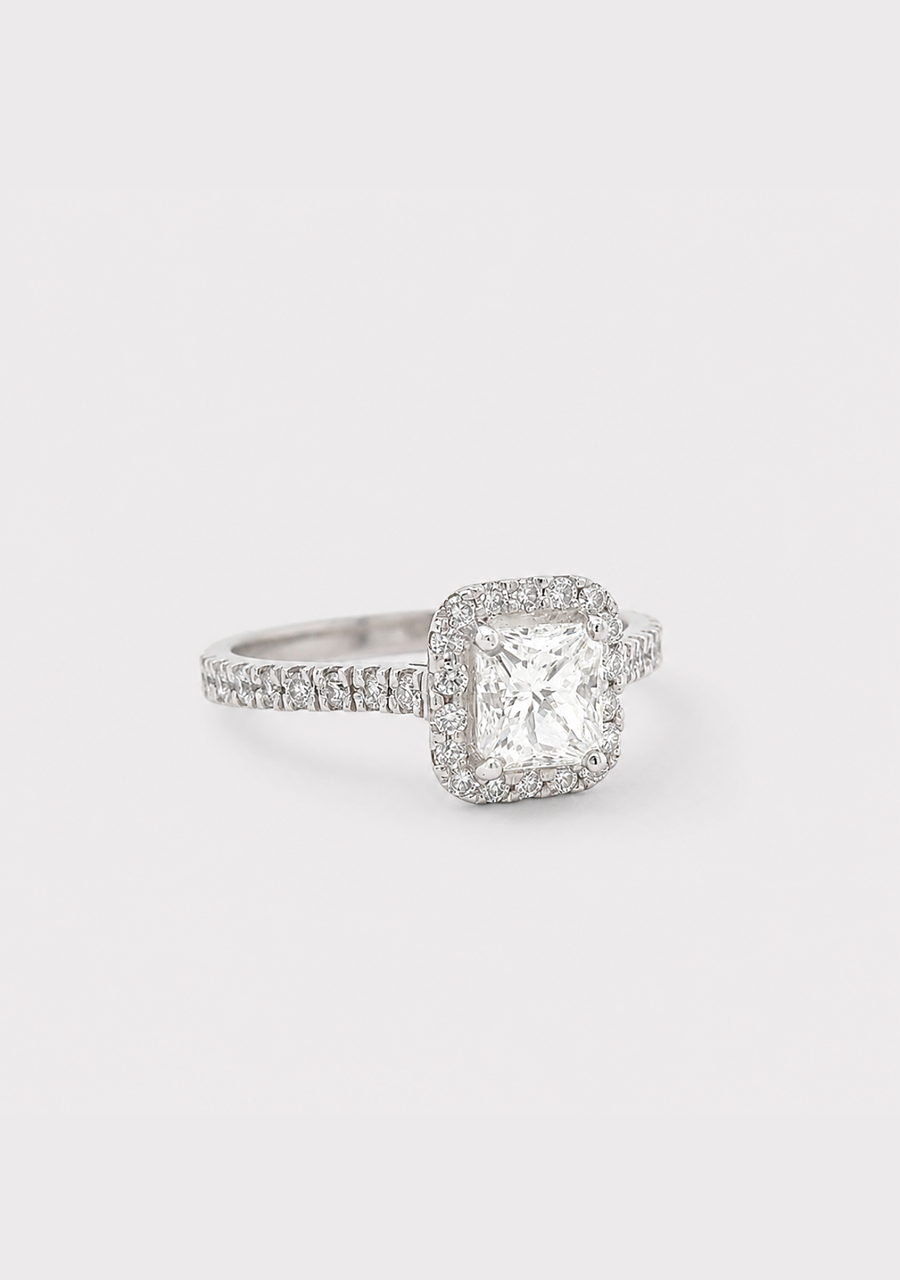 18ct White Gold 1.31ct Radiant Cut Diamond Halo Ring