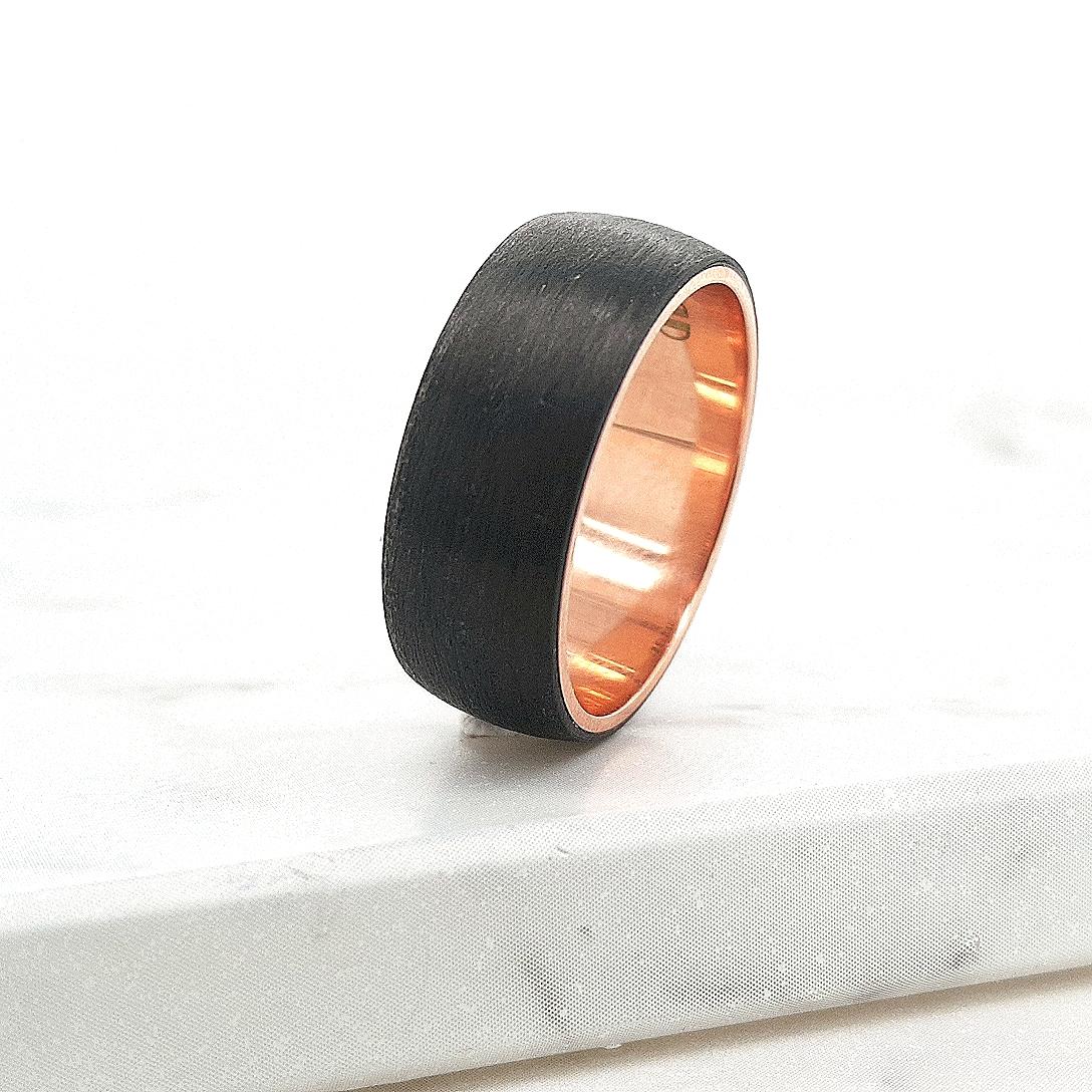 9ct Rose Gold & Brushed Carbon Fibre 8mm Ring