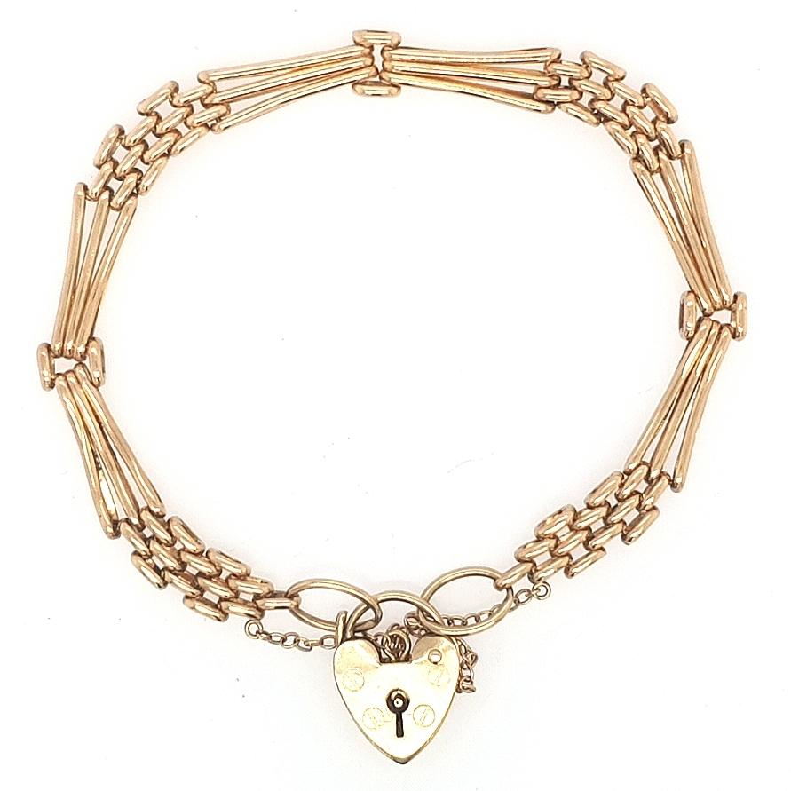 Estate 9ct Yellow Gold Three Row Gate Bracelet with Safety Chain
