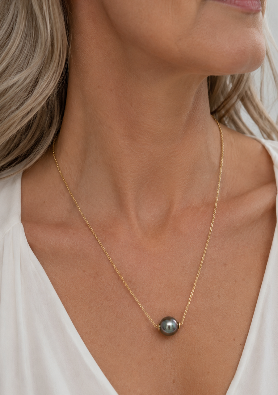 9ct Yellow Gold 11-12.5mm South Sea Black Pearl Necklace