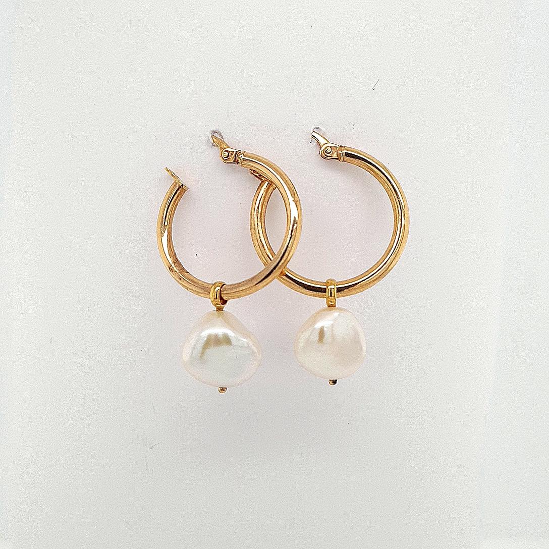 9ct Yellow Gold Hoop Earrings with Removable 11-12mm Keshi White Fresh Water Pearl Drops