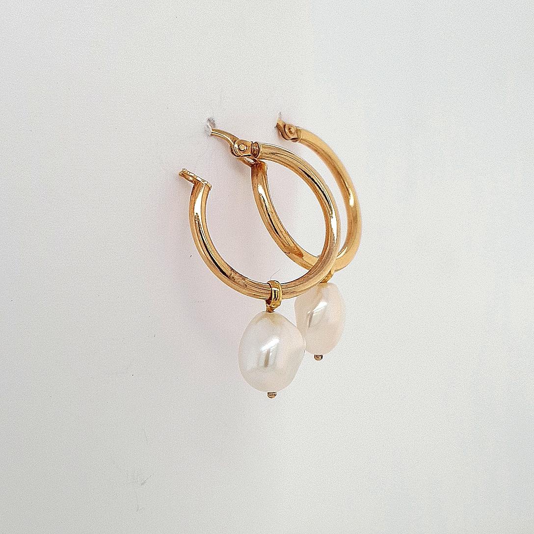 9ct Yellow Gold Hoop Earrings with Removable 11-12mm Keshi White Fresh Water Pearl Drops