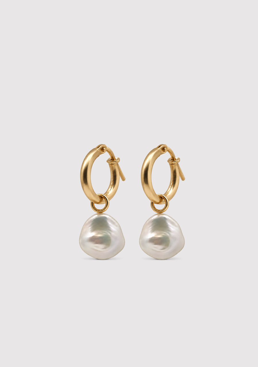 Yellow Gold Plated Hoop Earrings with Removable 11-12mm Keshi White Fresh Water Pearl Drops