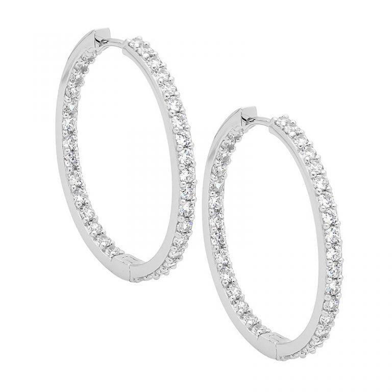 Ellani Sterling Silver White Cubic Zirconia Inside Out 3cm Huggie Hoop Earrings