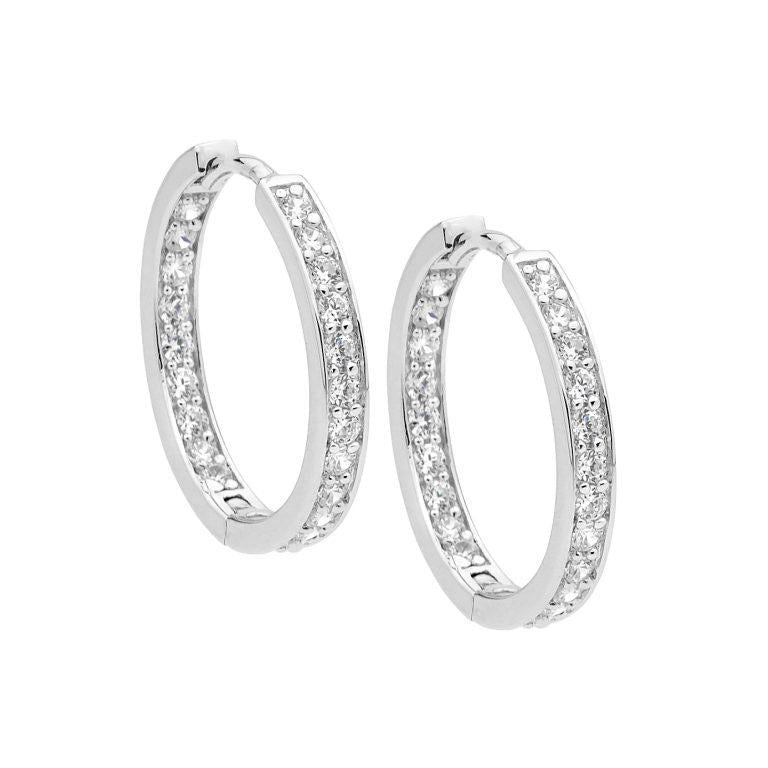 Ellani Sterling Silver White Cubic Zirconia Inside Out 23mm Huggie Hoop Earrings