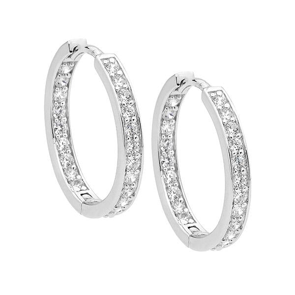 Ellani Sterling Silver White Cubic Zirconia Single Row Inside Out 18mm Huggie Hoop Earrings