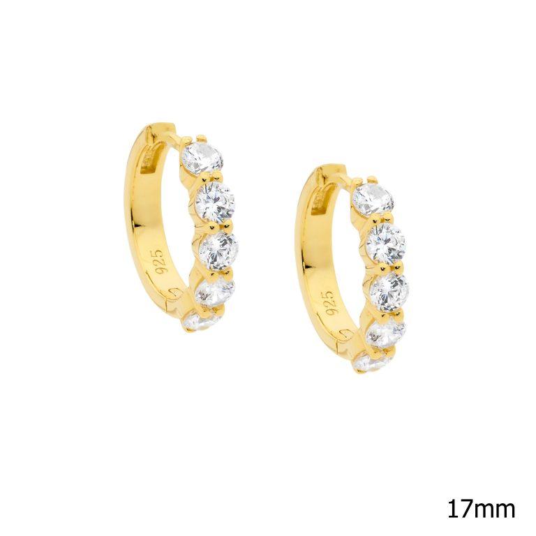 Ellani Sterling Silver & IP Yellow Gold Plated 5mm x 3.5mm White Cubic Zirconia 17mm Huggie Hoop Earrings
