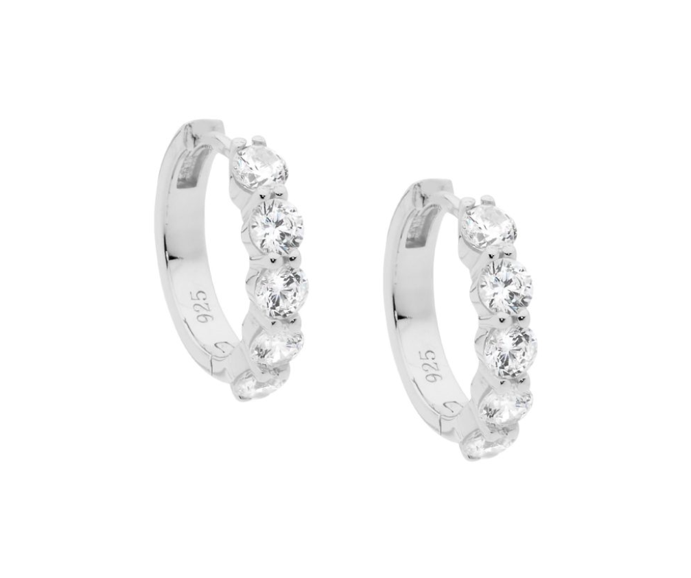 Ellani Sterling Silver 5mm x 3.5mm White Cubic Zirconia 17mm Huggie Hoop Earrings