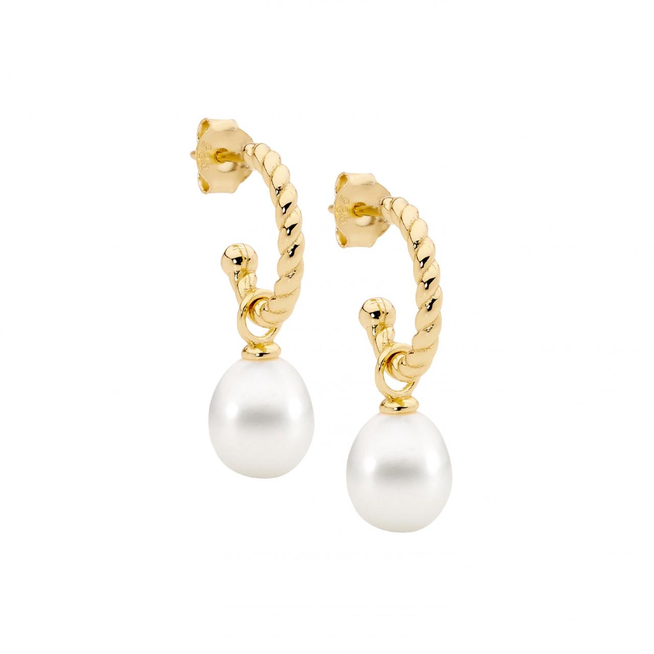 Ellani Sterling Silver & IP Yellow Gold Plated White Freshwater Pearl Drop 13mm Twist Hoop Stud Earrings