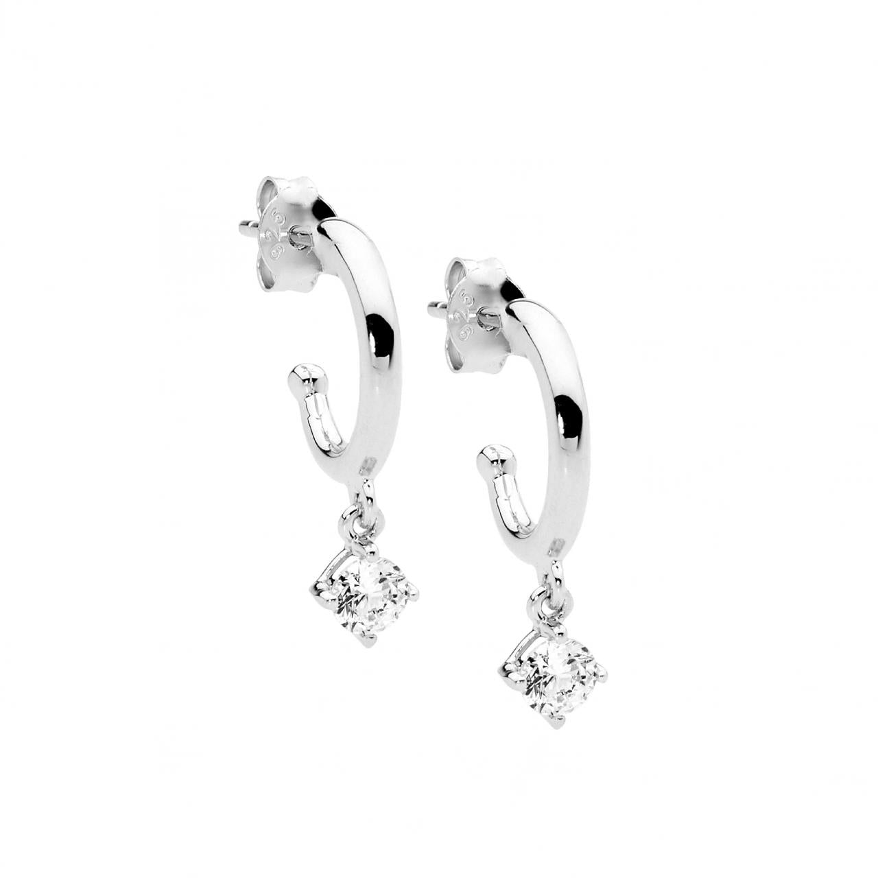 Ellani Sterling Silver White Cubic Zirconia Claw Set Drop 13mm Hoop Stud Earrings
