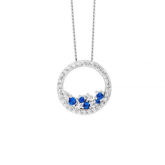 Ellani Sterling Silver White & Blue Cubic Zirconia 14mm Open Circle Pendant Necklace