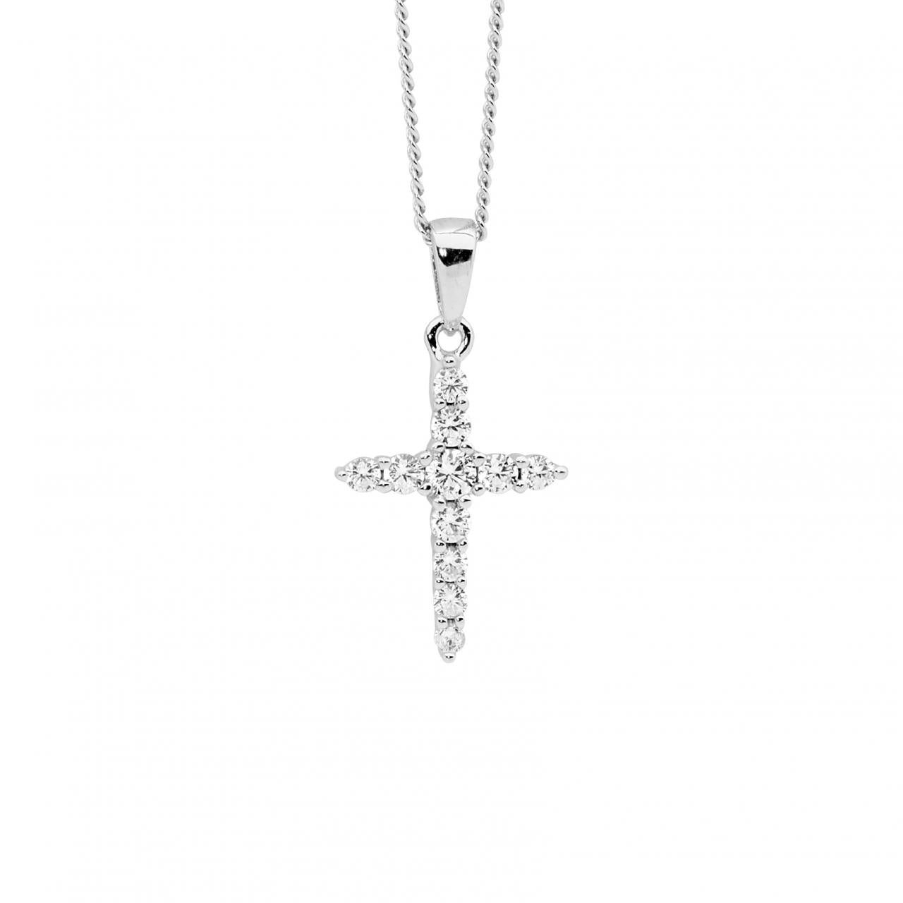 Ellani Sterling Silver White Cubic Zirconia 15mm Cross Pendant Necklace