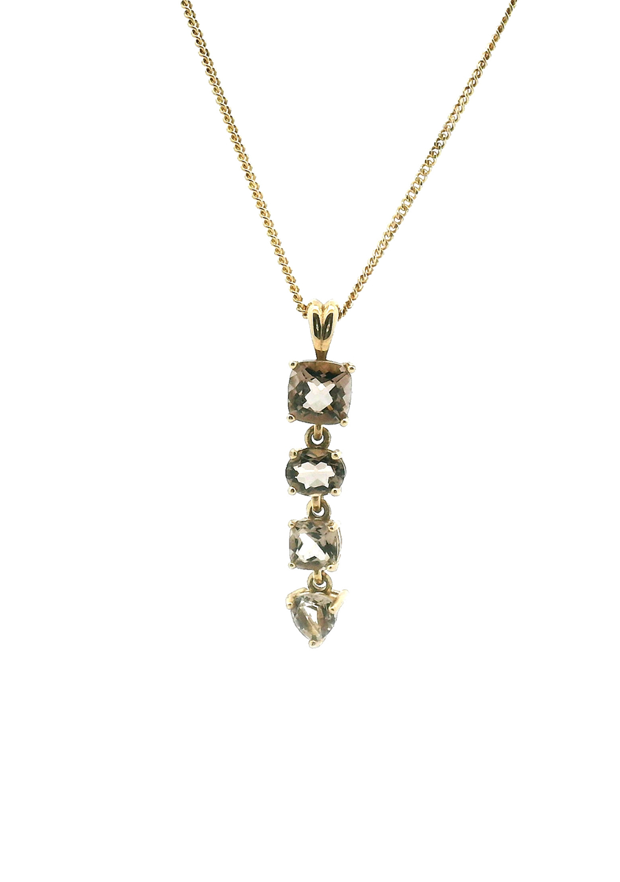 9ct Yellow Gold Smokey Quartz Four Stone Drop Pendant