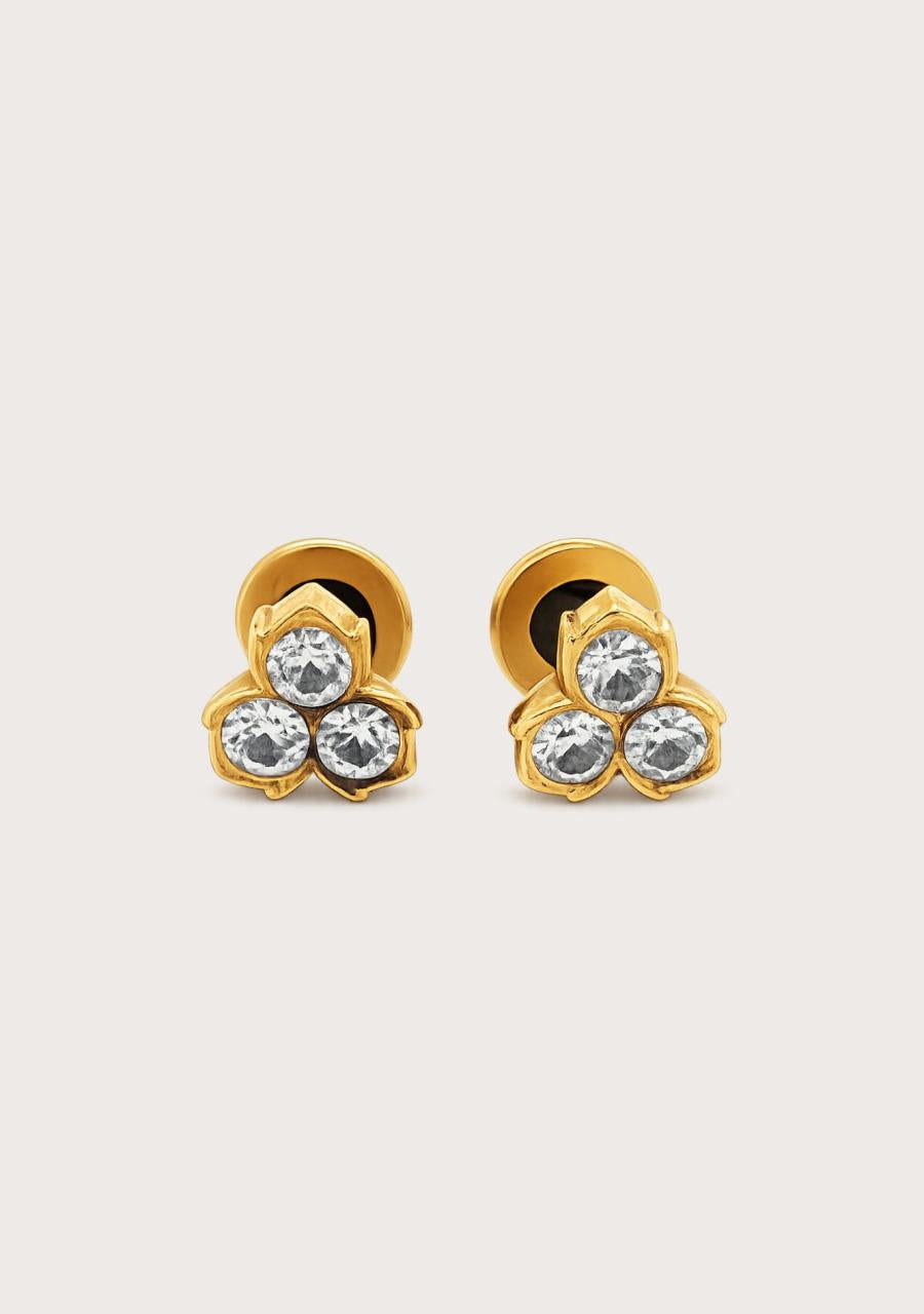 Estate 14ct Yellow Gold Cubic Zirconia Three Stone Stud Earrings