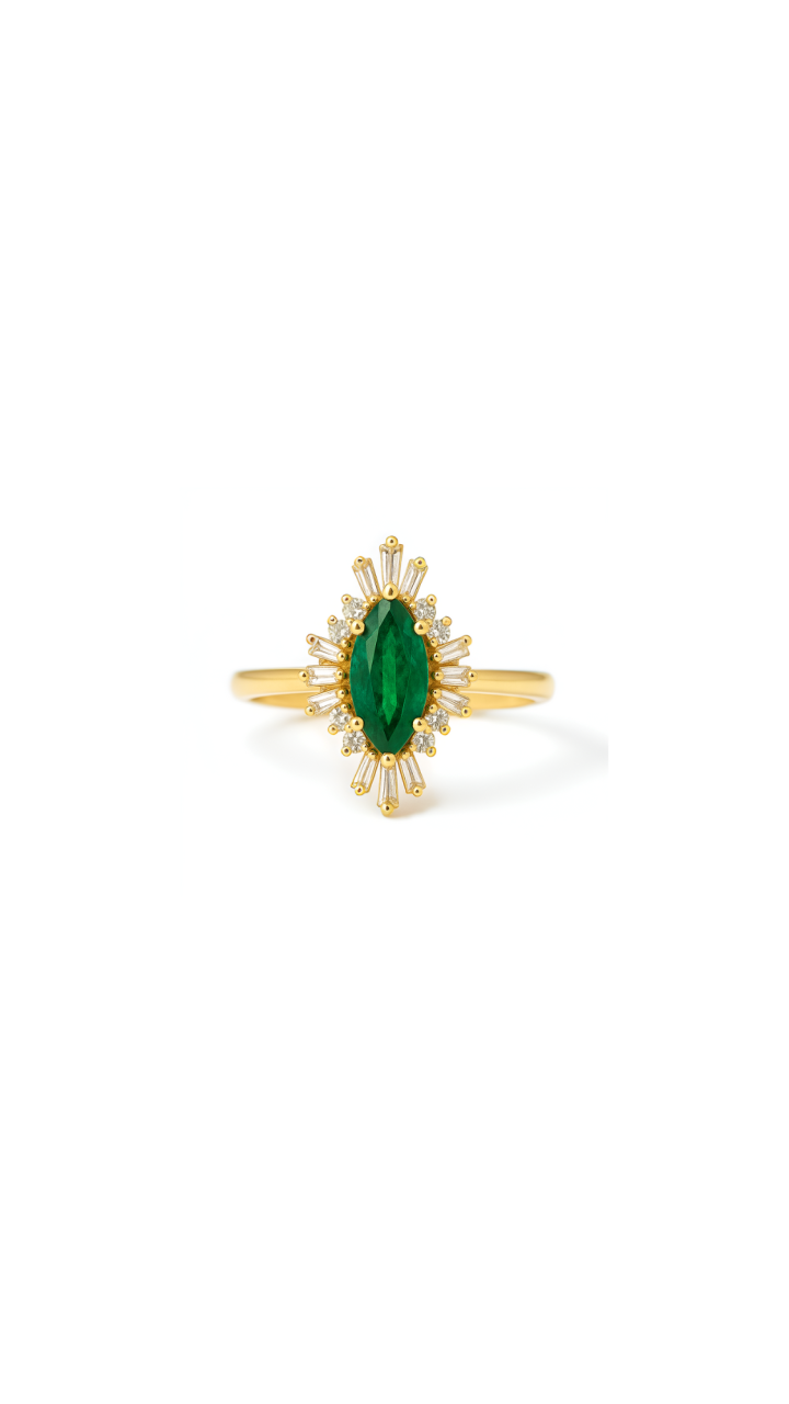 Emerald & Diamond Marquise Ring in 18ct Yellow Gold