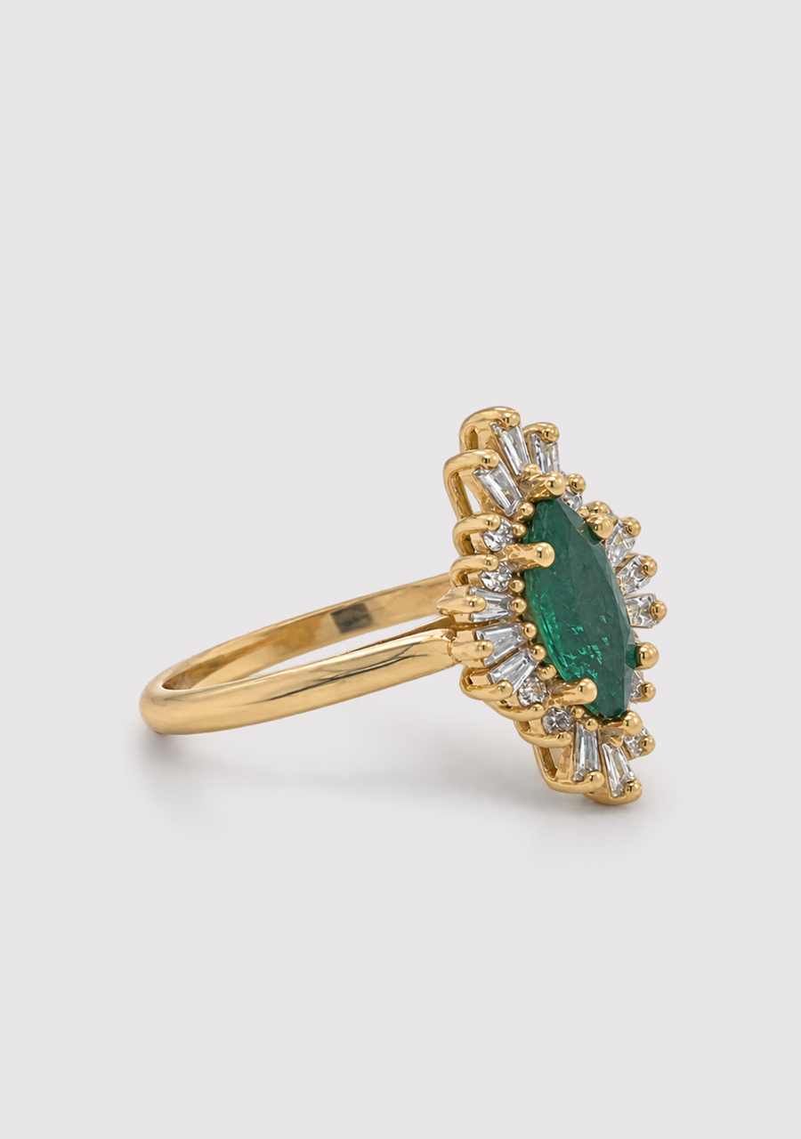 Emerald & Diamond 18ct Yellow Gold Marquise Cut Cluster Ring
