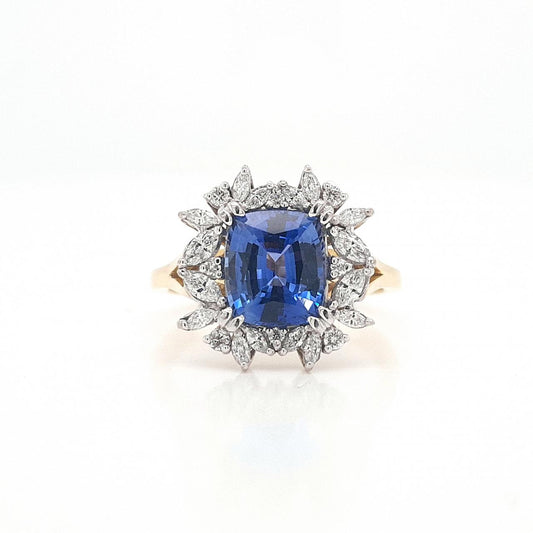 Sapphire & Diamond 18ct Yellow & White Gold Cushion Cut Ceylonese Sapphire & Diamond Ring